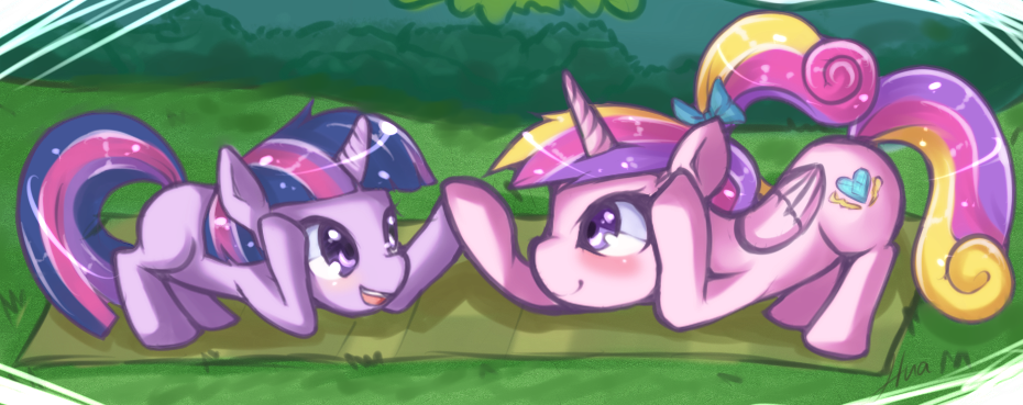 bush cutie_mark duo equine female feral friendship_is_magic grass hair horse hua113 mammal multi-colored_hair my_little_pony outside pony princess_cadance_(mlp) purple_eyes twilight_sparkle_(mlp) young