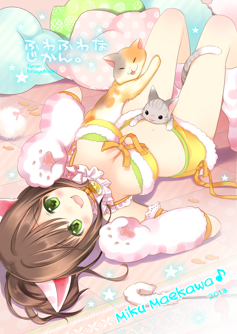 1girl 2013 animal_ears armlet artist_name blush bow breasts brown_hair cat cat_ears catnip character_name cleavage collar dated fangs female fish gloves green_eyes hinayuki_usa idolmaster kneehighs knees_up looking_at_viewer lying maekawa_miku midriff open_mouth paw_gloves pillow pink_legwear ponytail ribbon short_hair solo star striped striped_legwear tag toy translation_request