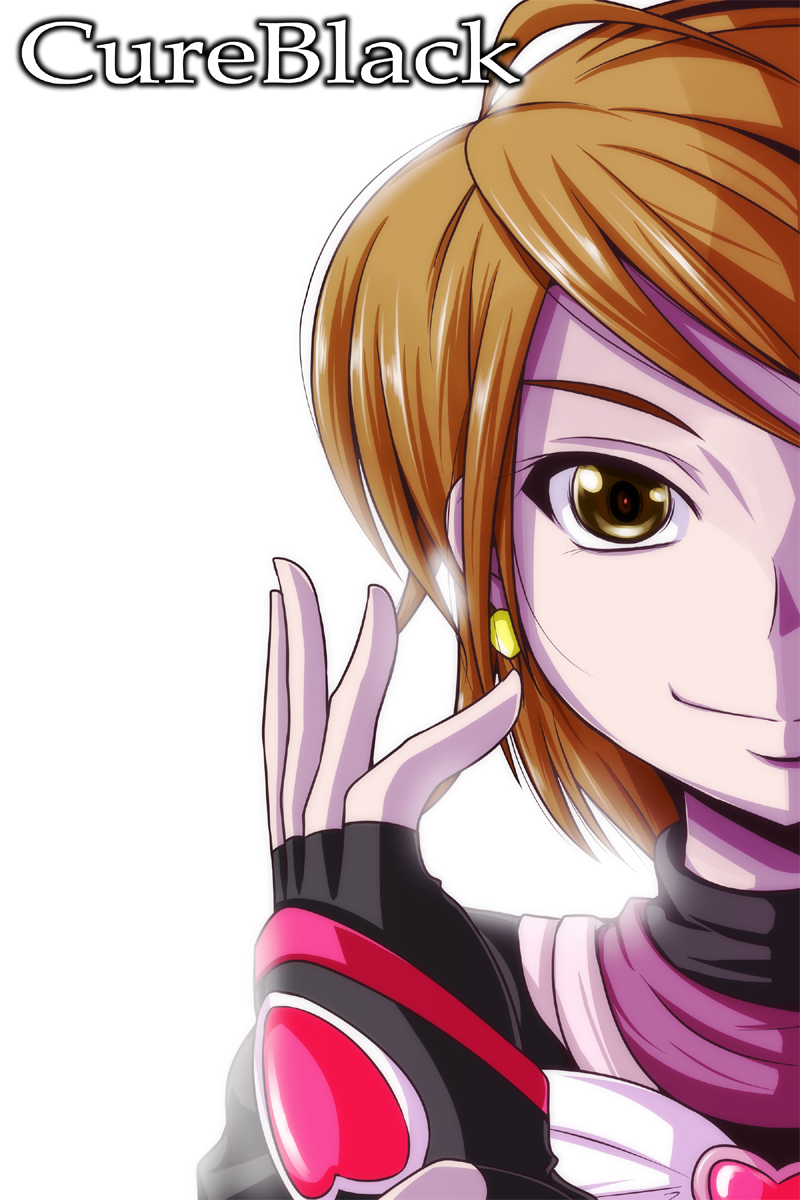 bloom brown_hair character_name closed_mouth fingerless_gloves futari_wa_precure gloves heart highres magical_girl misumi_nagisa nishi_koutarou out_of_frame portrait precure short_hair simple_background smile solo white_background yellow_eyes