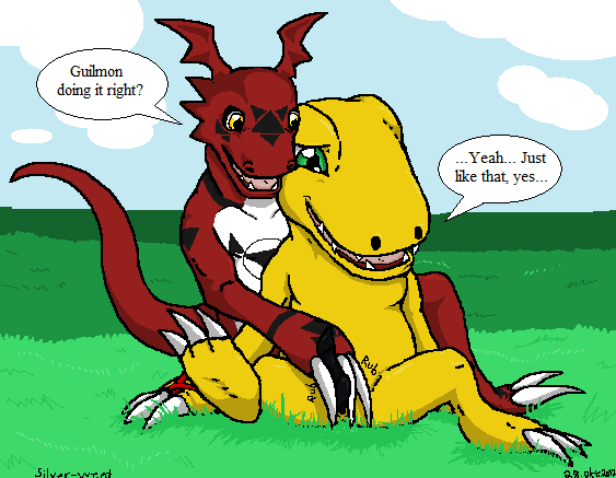 agumon anime black black_markings black_penis claws dialog digimon dragon feral gay grass green_eyes guilmon male markings mosny open_mouth penis reptile scalie sex simple_background sitting sky smile text yellow_eyes