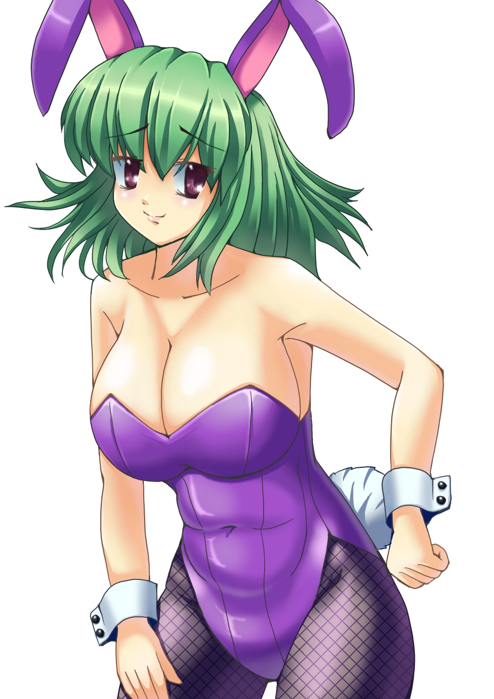 animal_ears bow bowtie breasts bunny_ears bunny_girl bunny_tail bunnysuit cleavage easily fishnet_pantyhose fishnets green_eyes highres kazami_yuuka large_breasts leotard pantyhose purple_eyes purple_leotard short_hair smile solo tail touhou