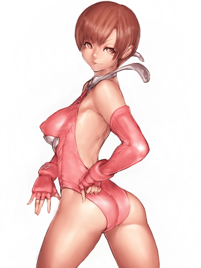 ass bare_shoulders breasts chaco_yutani covered_nipples fingerless_gloves fumio_(rsqkr) gloves leotard medium_breasts pink_leotard simple_background smile solo tobal_2 white_background