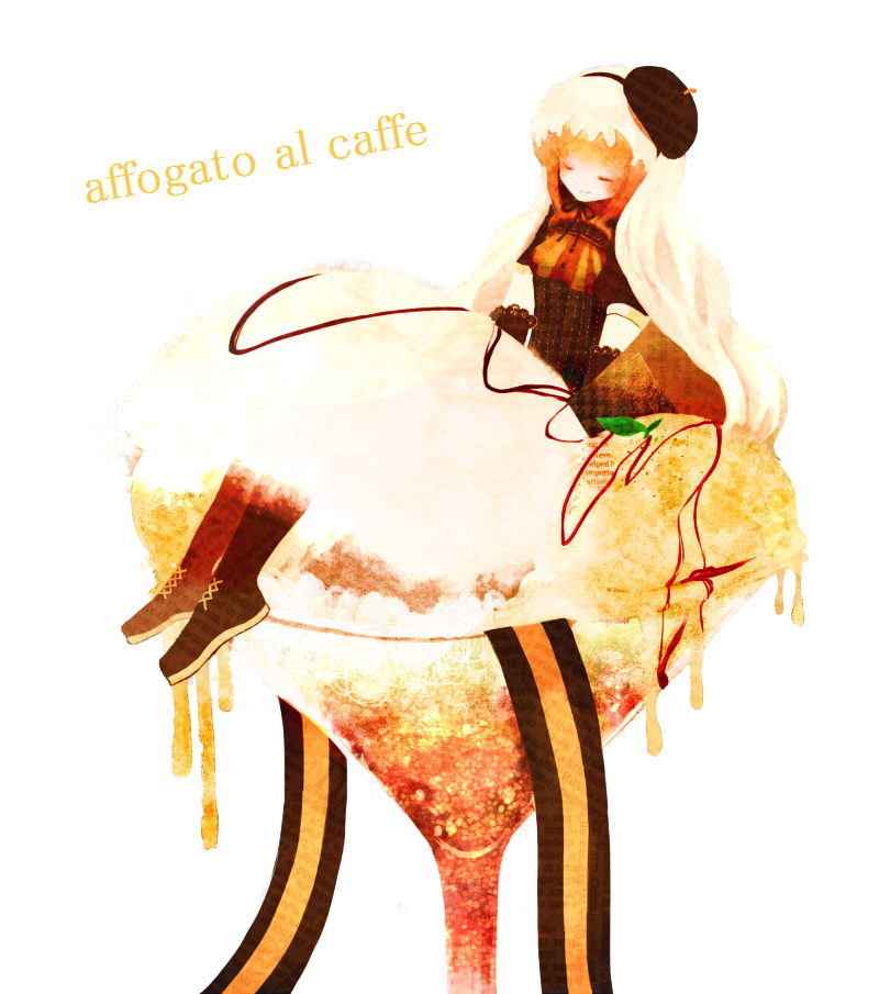 affogato bad_id bad_pixiv_id blonde_hair character_name chocolate closed_eyes dessert food hat ice_cream in_food long_hair minigirl original personification sechi_(chino) solo