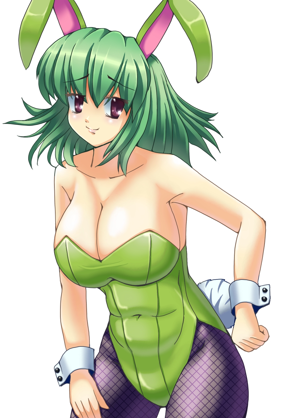 animal_ears bow bowtie breasts bunny_ears bunny_girl bunny_tail bunnysuit cleavage easily fishnet_pantyhose fishnets green_eyes green_leotard highres kazami_yuuka large_breasts leotard pantyhose purple_eyes short_hair smile solo tail touhou