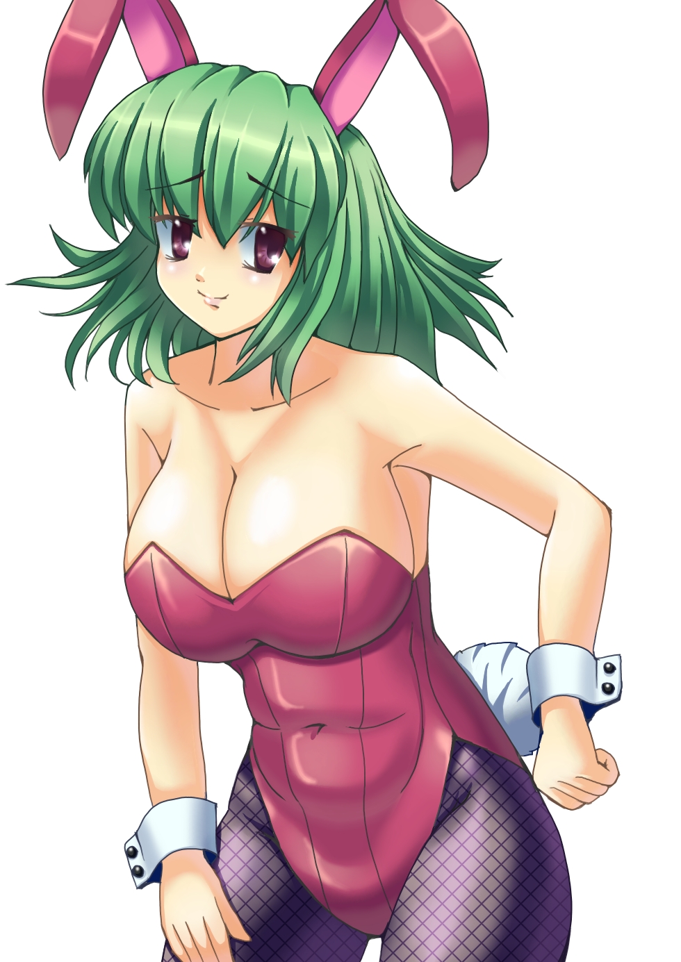 animal_ears bow bowtie breasts bunny_ears bunny_girl bunny_tail bunnysuit cleavage easily fishnet_pantyhose fishnets green_eyes highres kazami_yuuka large_breasts leotard pantyhose purple_eyes red_leotard short_hair smile solo tail touhou