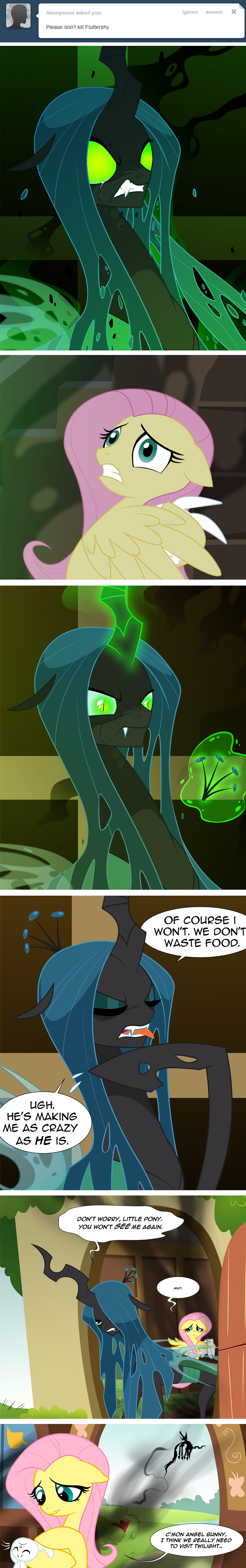 2013 angel_(mlp) blue_eyes cat_eyes changeling comic crying dialog english_text equine fangs female fluttershy_(mlp) flying friendship_is_magic glowing glowing_eyes green_eyes green_hair hair horn horse levitation long_hair magic my_little_pony pegasus pink_hair pony queen_chrysalis_(mlp) scared smoke tarajenkins tears text upset wings