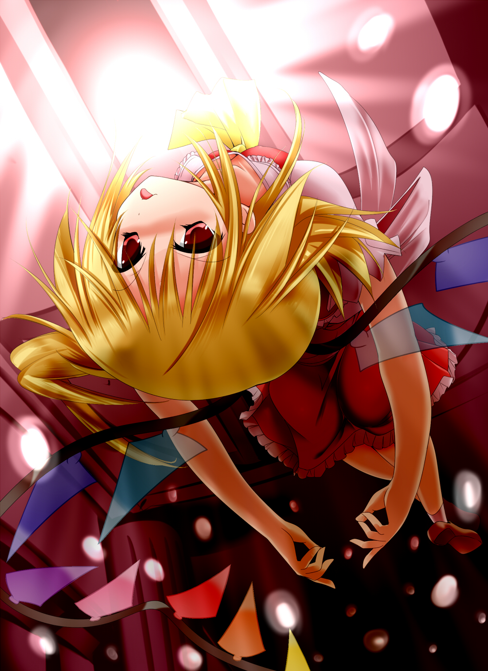 :p alkali-water bad_id bad_pixiv_id blonde_hair collarbone flandre_scarlet from_behind highres red_eyes solo tongue tongue_out touhou wings