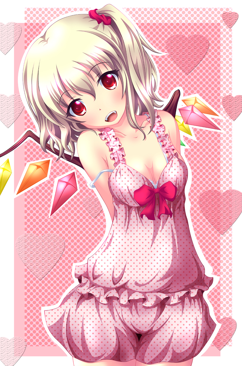 :d blonde_hair bra breasts camisole cleavage fangs flandre_scarlet heart highres medium_breasts neats one_side_up open_mouth polka_dot polka_dot_background red_eyes smile strap_slip touhou underwear underwear_only white_bra wings