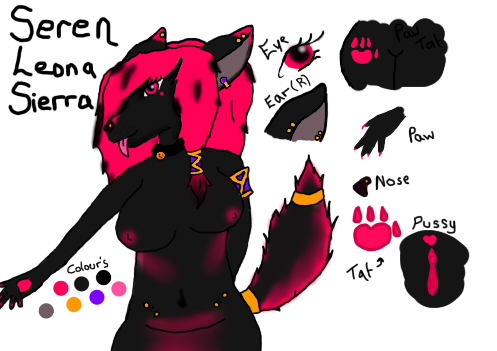 anthro black_fur canine emo fursona hair model_sheet piercing pink_hair plain_background seren_leona_sierra serentheneonwolf solo tattoo white_background wolf