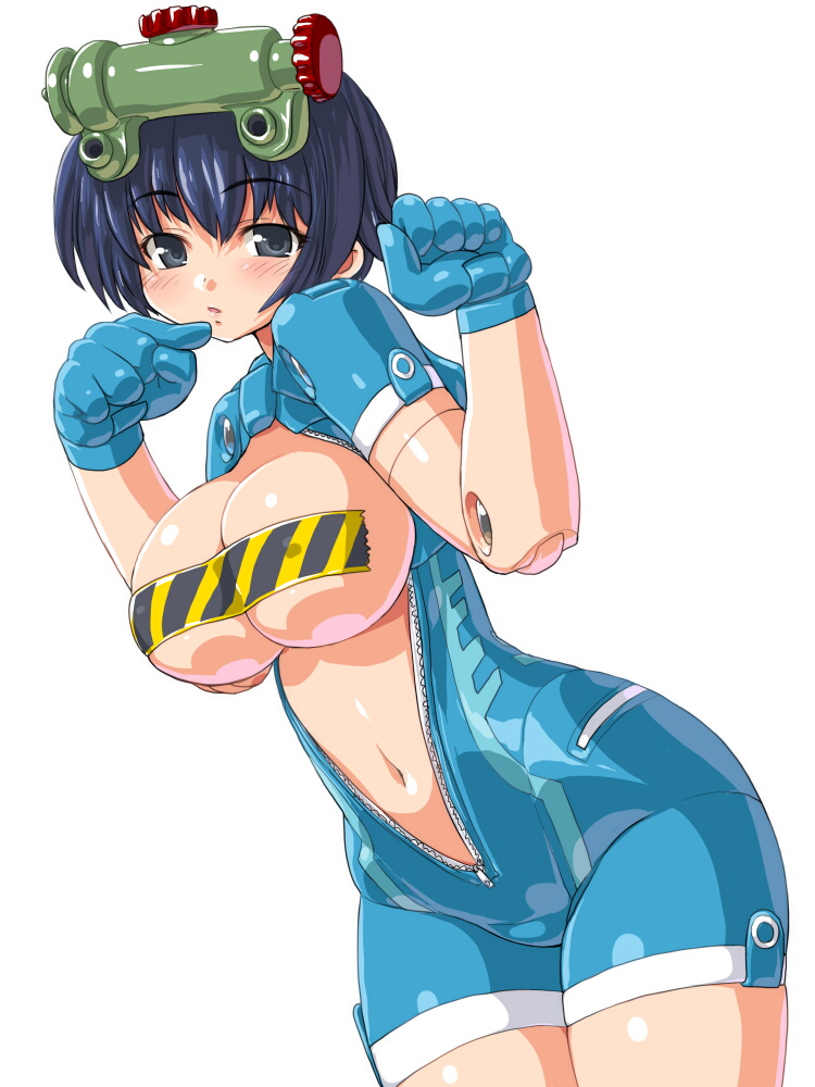 bad_id bad_pixiv_id black_hair breasts busou_shinki caution_tape dd_(ijigendd) doll_joints gloves grapprap large_breasts navel short_hair simple_background solo unzipped white_background
