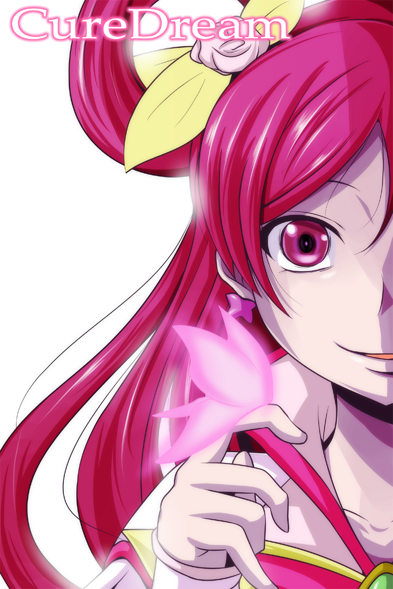 bloom bug butterfly character_name cure_dream hair_ornament hair_rings highres insect long_hair magical_girl nishi_koutarou open_mouth out_of_frame pink_eyes pink_hair portrait precure simple_background smile solo white_background yes!_precure_5 yumehara_nozomi