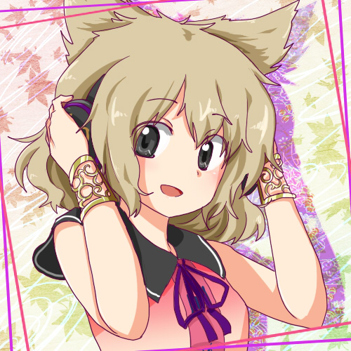bracelet gimicalmas gradient gradient_background grey_eyes hands_on_headphones head_tilt headphones jewelry leaf light_brown_hair looking_at_viewer lowres maple_leaf open_mouth shadow sleeveless solo touhou toyosatomimi_no_miko upper_body