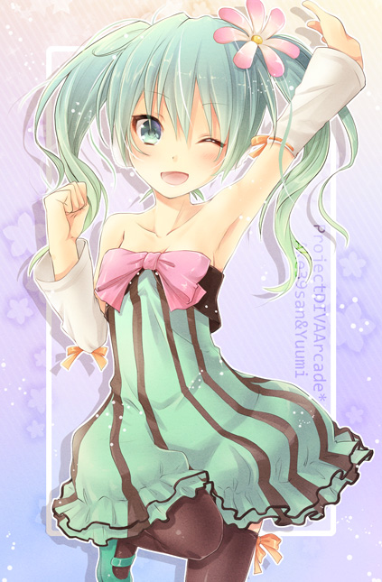 arm_up armpits colorful_drop_(module) colorful_x_melody_(vocaloid) detached_sleeves dress flower green_eyes green_hair hair_flower hair_ornament hatsune_miku long_hair mary_janes natsumi_yuu one_eye_closed open_mouth project_diva_(series) project_diva_2nd shoes solo strapless strapless_dress thighhighs twintails vocaloid