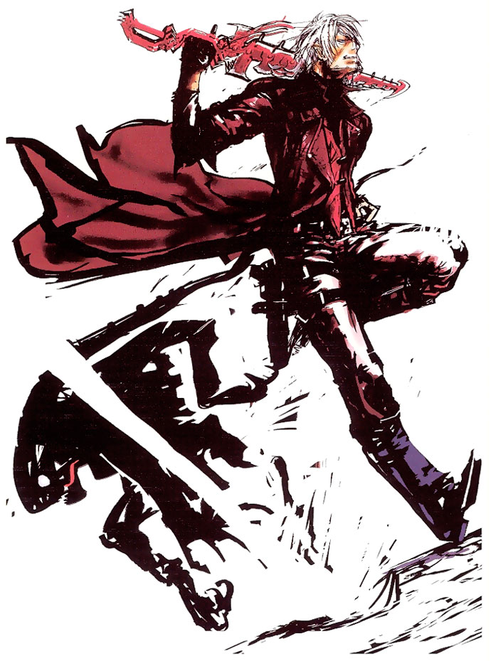 1boy capcom concept_art dante dante_(devil_may_cry) devil_may_cry long_coat sword weapon white_hair