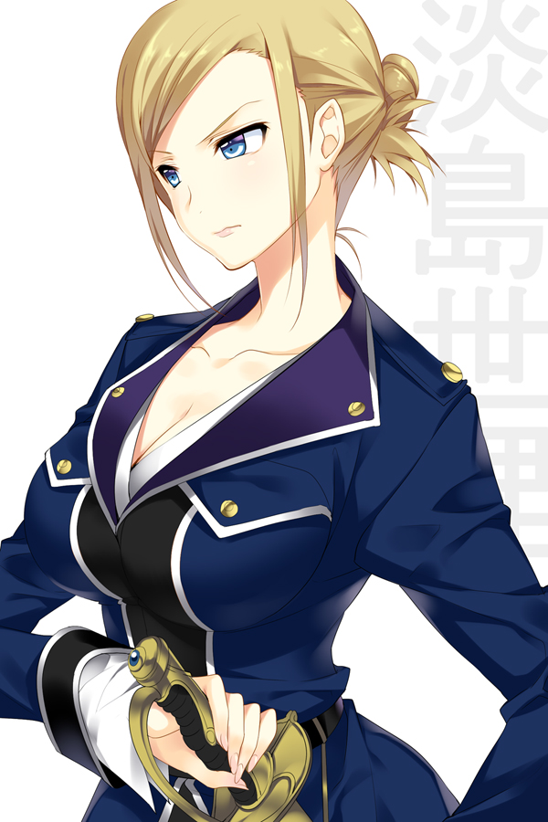 awashima_seri blonde_hair blue_eyes breasts cleavage collarbone emily_(pure_dream) k_(anime) large_breasts solo sword weapon