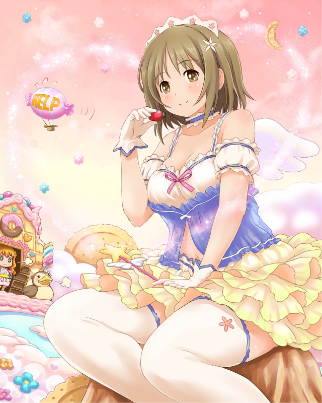 aircraft arm_garter bad_id bad_pixiv_id bird blimp blonde_hair brown_eyes brown_hair candy crescent_moon dirigible duck dutch_angle food fruit gingerbread_house gloves hairband help idolmaster idolmaster_cinderella_girls long_hair melty_sweet_(idolmaster) mimura_kanako moon moroboshi_kirari multiple_girls navel plump poponpin short_hair sitting skirt sky smile strawberry thighhighs wand wings zettai_ryouiki