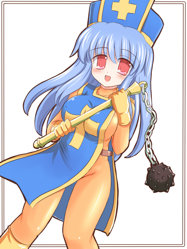 blush bodysuit boots dragon_quest dragon_quest_iii flail hat latex long_hair mitre open_mouth orange_bodysuit priest_(dq3) red_eyes ry solo tabard weapon
