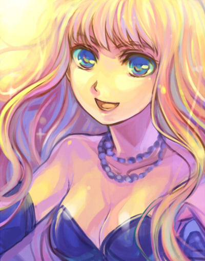ame_yamori blonde_hair blue_eyes breasts cleavage jewelry long_hair macross macross_frontier medium_breasts necklace sheryl_nome smile solo