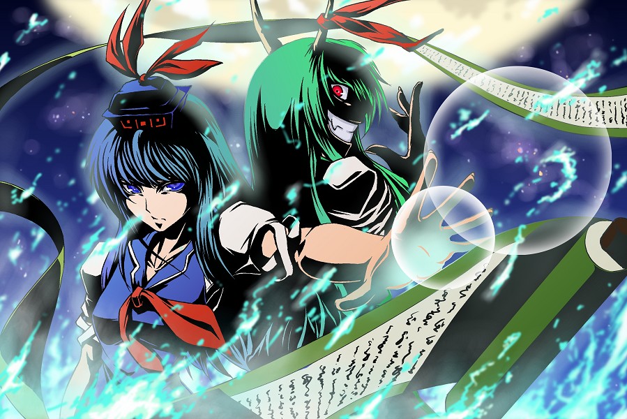 ascot aura backlighting blue_dress blue_eyes blue_fire bow breasts chiro_(suzuka98) crazy_smile dress dual_persona energy ex-keine fangs fingernails fire flame full_moon green_dress hand_up hat horn_bow kamishirasawa_keine lens_flare long_hair looking_at_viewer looking_back medium_breasts moon moonlight multiple_girls night night_sky outstretched_arm outstretched_hand red_eyes scroll serious shaded_face sharp_fingernails sky touhou