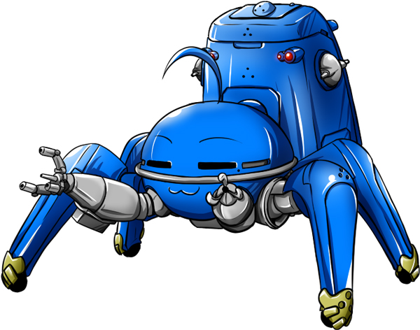 =_= ahoge bad_id bad_pixiv_id bowz crossover fusion ghost_in_the_shell ghost_in_the_shell_stand_alone_complex izumi_konata lucky_star mecha mechanization mole mole_under_eye no_humans parody simple_background tachikoma white_background