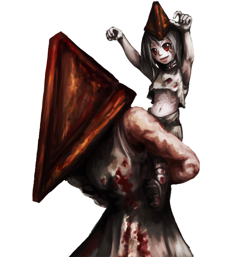 1girl bad_id bad_pixiv_id blood carrying child father_and_daughter helmet piggyback pyramid_head red_eyes silent_hill silent_hill_2 simple_background thoma+ white_background