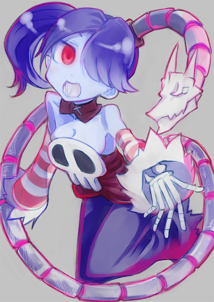 akai_kagerou bare_shoulders blue_hair blue_skin breasts cleavage detached_collar detached_sleeves hair_over_one_eye leviathan_(skullgirls) long_hair long_skirt medium_breasts open_mouth red_eyes side_ponytail skirt skull skullgirls solo squigly_(skullgirls) stitched_mouth stitches striped_sleeves zombie
