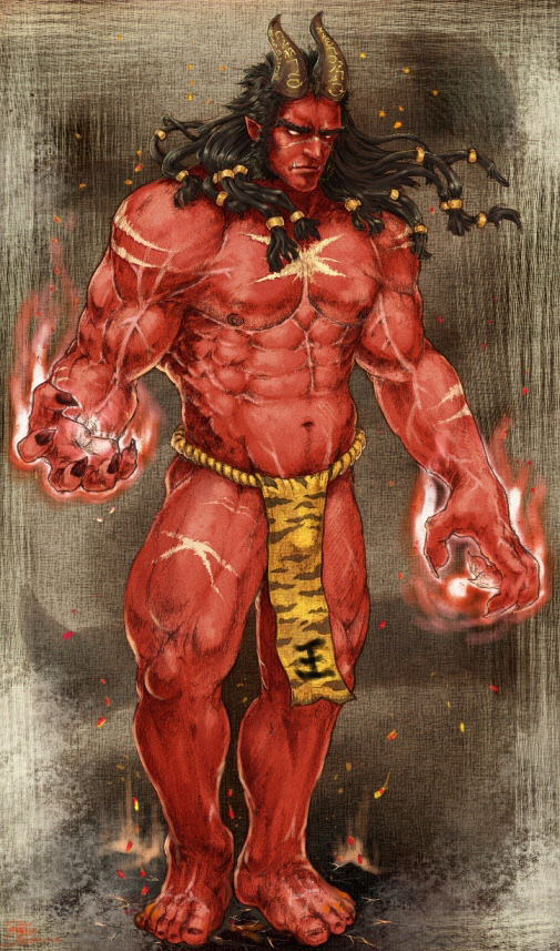 biceps black_hair braids bulge claws demon fangs frown hair horn loincloth long_hair looking_at_viewer magic male muscles nipples oni pecs pockyrumz red_skin scar solo topless vein white_eyes