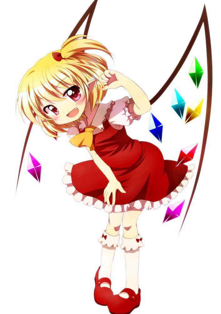 ascot asymmetrical_hair blonde_hair fang flandre_scarlet full_body haiiro_(immature) hair_ribbon kneehighs looking_at_viewer mary_janes no_hat no_headwear open_mouth pink_eyes pointy_ears puffy_sleeves red_skirt ribbon shirt shoes short_hair short_sleeves side_ponytail simple_background skirt smile socks solo touhou white_background white_legwear wings