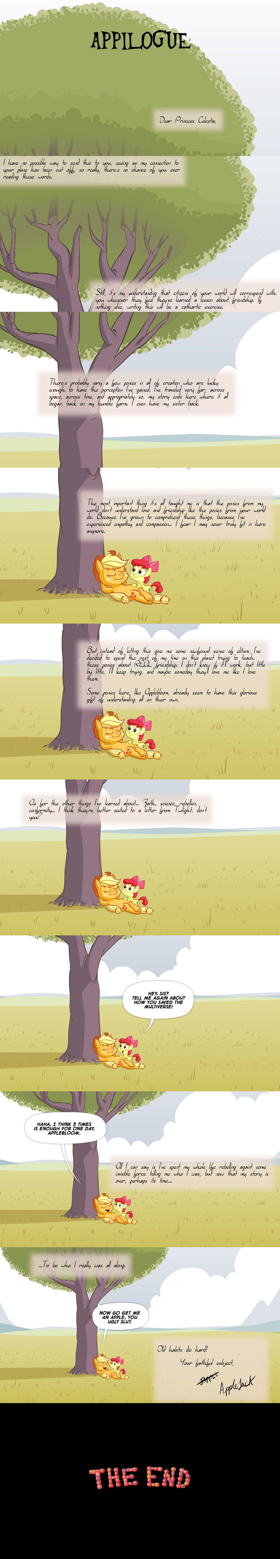 apple_bloom_(mlp) applejack_(mlp) ask_jappleack blonde_hair bow cub english_text equine female feral friendship_is_magic fruit green_eyes hair hat horse hotdiggedydemon mammal my_little_pony pony red_hair sibling sisters text tumblr young