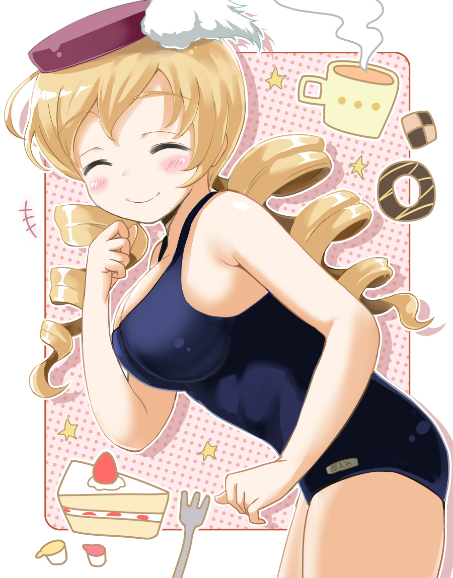 beret blonde_hair breasts cake cleavage closed_eyes coffee cup drill_hair food fork hat jekyll862 large_breasts long_hair mahou_shoujo_madoka_magica one-piece_swimsuit school_swimsuit smile solo swimsuit tomoe_mami twin_drills twintails