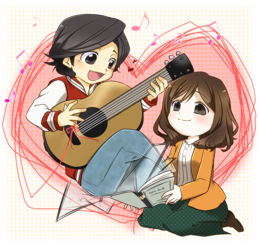 black_hair book brown_hair echizen-san guitar hara-chan instrument kazayuu_(yuuri) long_hair multiple_girls nakuna_hara-chan red_string string