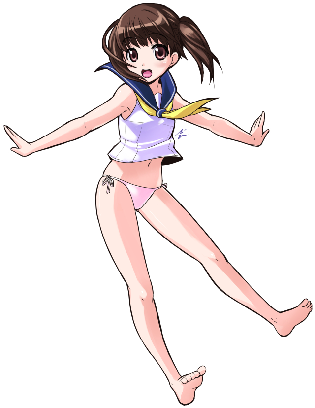 :o bare_legs bare_shoulders barefoot blush brown_eyes brown_hair character_request copyright_request dorsiflexion feet long_hair looking_at_viewer mizuki_gyokuran navel neckerchief open_mouth outstretched_arms outstretched_wrists panties pink_panties sailor_collar school_uniform serafuku shirt side-tie_panties sleeveless sleeveless_shirt smile soles solo toes twintails underwear white_shirt