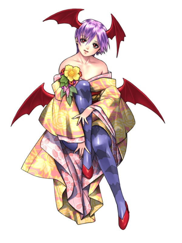 1girl bangs bare_shoulders bat_print bat_wings blue_legwear breasts capcom cleavage demon_girl flat_chest flower hair_between_eyes head_tilt head_wings high_heels japanese_clothes kimono leg_lift light_smile lilith_aensland lips looking_at_viewer off_shoulder official_art onimusha_soul pantyhose parted_bangs patterned_legwear print_dress print_kimono print_legwear print_pantyhose purple_hair red_eyes red_shoes shiny shiny_clothes shoes short_hair sitting smile solo succubus thighhighs vampire_(game) wide_sleeves wings