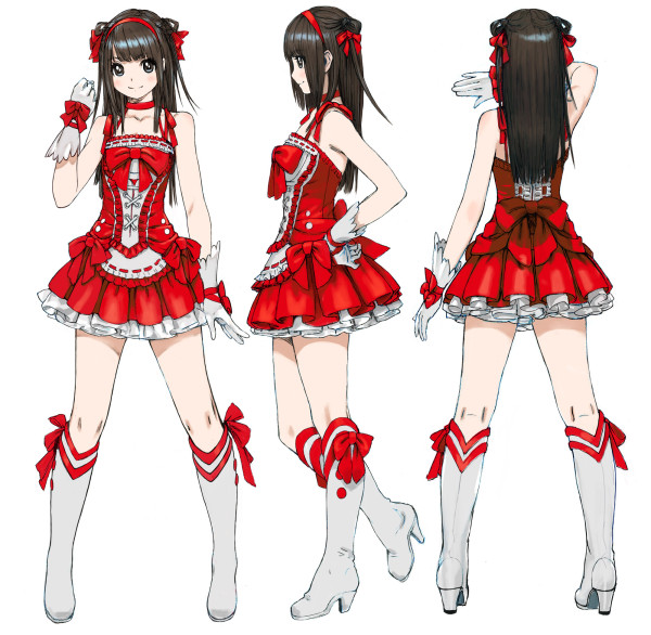 bangs bare_shoulders black_hair blunt_bangs blush boots bow character_sheet choker copyright_request corset dress frills from_behind gloves hair_bow hairband high_heels idol knee_boots long_hair looking_at_viewer multiple_views profile ribbon shoes short_dress simple_background smile standing turnaround twintails two_side_up white_legwear yasuda_akira