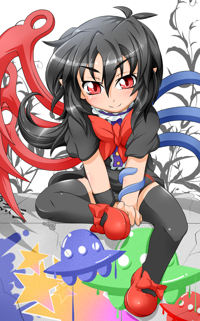 antenna_hair asymmetrical_wings black_hair blush crack full_body graffiti ground_vehicle hair_between_eyes houjuu_nue kokujuuji looking_at_viewer mary_janes motor_vehicle pointy_ears puffy_short_sleeves puffy_sleeves red_eyes shoes short_sleeves simple_background smile solo touhou translation_request ufo white_background wings