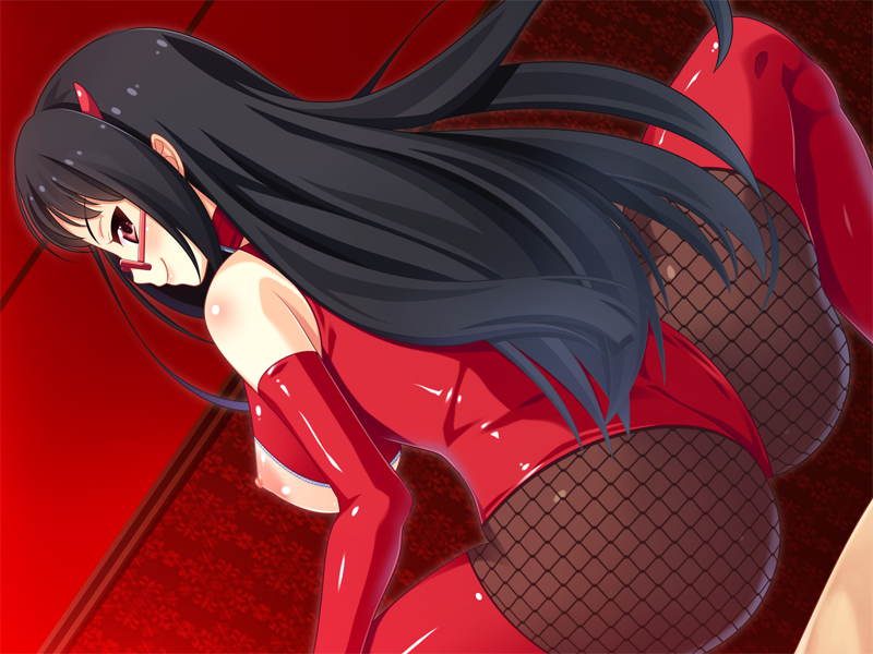 1girl areolae ass black_hair breasts elbow_gloves game_cg glasses gloves highres horn large_breasts lingerie long_hair looking_back nipples pantyhose red_eyes sideboob smile squatting underwear