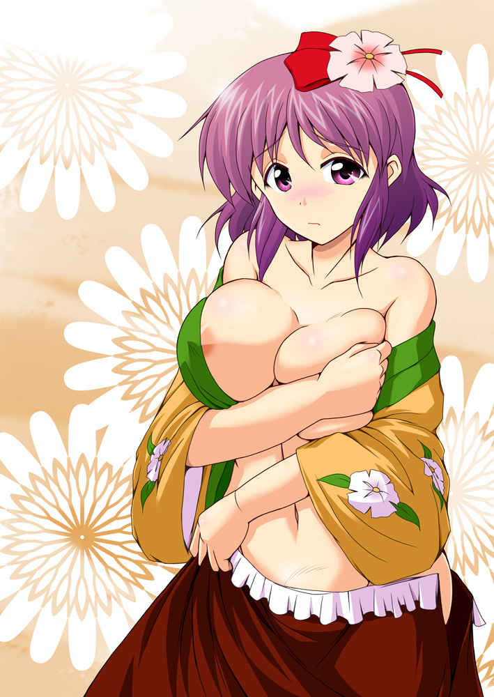 areola_slip areolae bare_shoulders blush breast_hold breasts cleavage flower hair_flower hair_ornament hieda_no_akyuu japanese_clothes kimono large_breasts navel older open_clothes open_kimono purple_eyes purple_hair solo touhou undressing yohinori