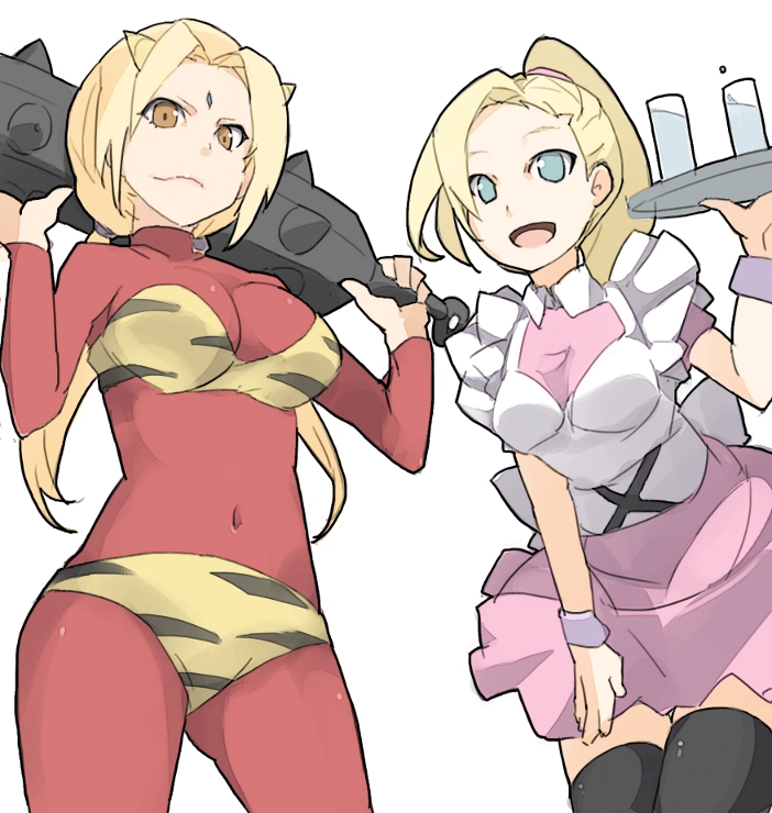 2girls :d black_legwear blonde_hair blue_eyes bodysuit breasts brown_eyes cleavage club cosplay dress from_below horns kanabou large_breasts long_hair multiple_girls naruto naruto_sd:_rock_lee_no_seishun_full-power_ninden navel no_pupils oni open_mouth ponytail red_oni serving_tray skin_tight skintight smile spikes thighhighs tray tsunade waitress weapon yahamoi yamanaka_ino
