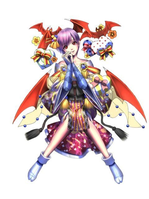 1girl bat bat_wings bats capcom demon_girl flower head_wings heart hearts japanese_clothes kimono lilith_aensland purple_hair ribbon thighhighs vampire_(game) wings