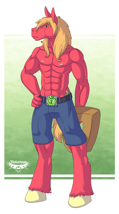 anthro anthrofied belt big_macintosh_(mlp) blonde_hair clothing equine friendship_is_magic hair horse male mammal muscles my_little_pony notorious84 pants pony yoke