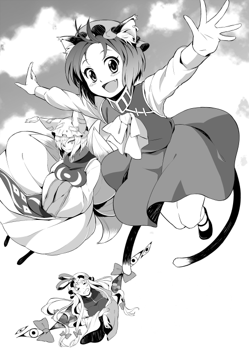 :d animal_ears cat_ears cat_tail chen fang fox_tail gap greyscale hands_in_opposite_sleeves hat hat_ribbon jewelry monochrome multiple_girls multiple_tails open_mouth outstretched_arms ribbon riputon_(lipton_sabou) single_earring smile spread_arms tail touhou yakumo_ran yakumo_yukari