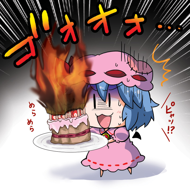1girl :3 :d bat_wings blue_hair blush bow cake candle chibi detached_wings dress fire food hat hat_bow mini_wings minigirl noai_nioshi open_mouth plate remilia_scarlet ribbon smile solo touhou translated turn_pale v-shaped_eyebrows wings |_|
