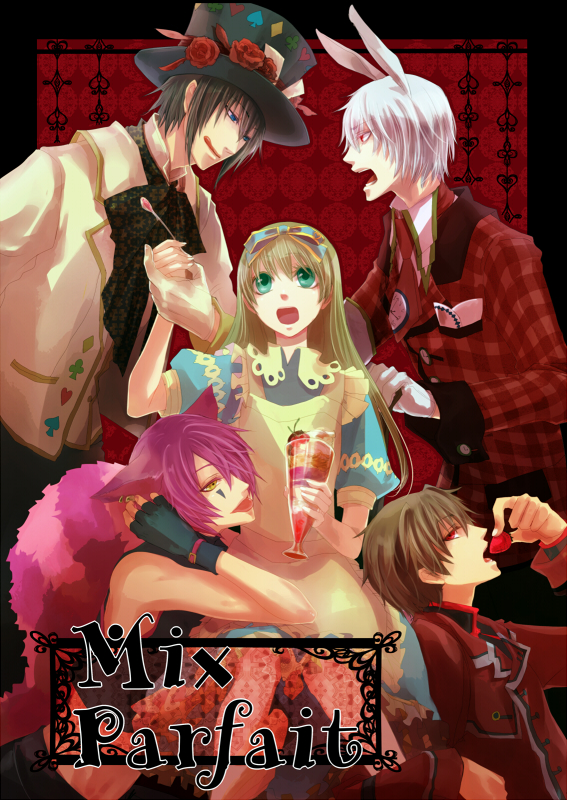 4boys ace_(kuni_no_alice) alice_liddell angry animal_ears apron bad_id bad_pixiv_id black_gloves black_hair blonde_hair blood_dupre blue_eyes boris_airay bow bowtie brown_hair bunny_ears bunnyboy card cat_ears clock coat cover cover_page dessert doujin_cover dress ear_piercing eating feather_boa fingerless_gloves flower food formal frills fruit glasses gloves green_eyes grin hair_ornament hair_over_one_eye hat hat_flower heart_no_kuni_no_alice holding_hands jacket licking_lips long_hair long_sleeves multiple_boys necktie open_mouth parfait peter_white piercing pink_hair playing_card pocket_tissue puffy_sleeves red_eyes rose short_hair shouting smile spoon strawberry suit sweets tail tattoo tomonori_(kakiyari) tongue tongue_out top_hat white_gloves white_hair yellow_eyes