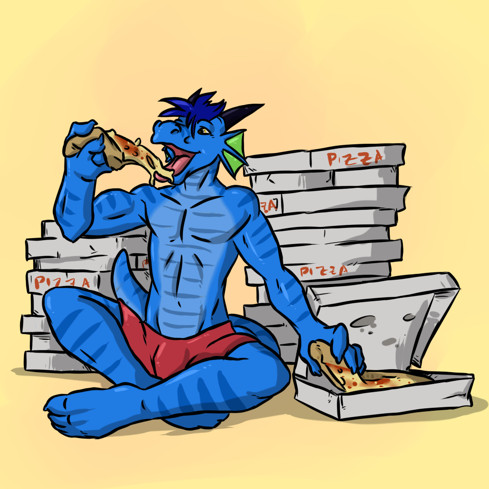 aggrobadger boxer_briefs dragon food horn male pizza scalie solo toned tongue tongue_out topless underwear