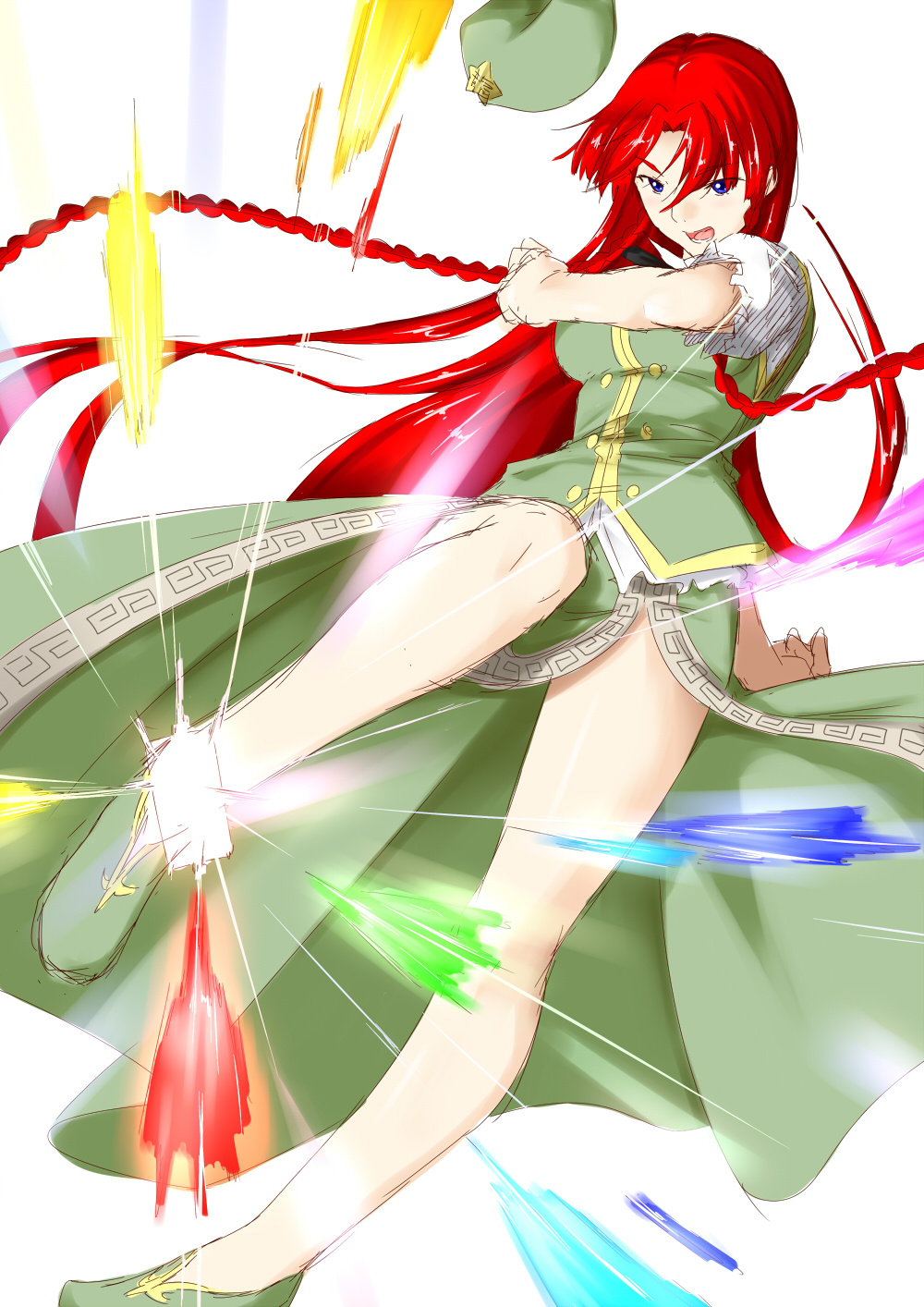 blue_eyes braid card china_dress chinese_clothes dress hat hat_removed headwear_removed highres hong_meiling kicking long_hair niwatazumi red_hair side_braid side_slit sketch solo spell_card star touhou twin_braids very_long_hair