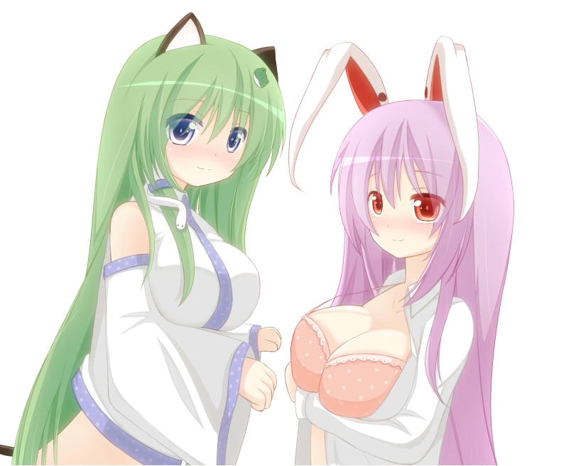 animal_ears blush bra breast_hold breasts bunny_ears chimunge cleavage detached_sleeves dress_shirt frog_hair_ornament green_hair hair_ornament hair_tubes kemonomimi_mode kochiya_sanae large_breasts long_hair multiple_girls open_clothes open_shirt pink_bra red_eyes reisen_udongein_inaba shirt smile snake_hair_ornament touhou underwear