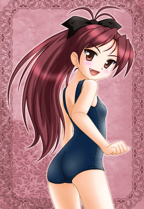 :d antenna_hair ass black_bow blush bow fang hair_bow long_hair looking_at_viewer mahou_shoujo_madoka_magica neopure one-piece_swimsuit open_mouth ponytail red_eyes red_hair sakura_kyouko school_swimsuit skin_tight smile solo swimsuit very_long_hair