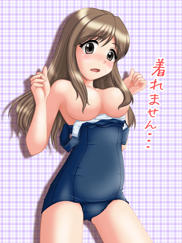 breasts brown_eyes brown_hair long_hair medium_breasts neopure one-piece_swimsuit open_mouth photokano school_swimsuit solo swimsuit swimsuit_pull yunoki_rina