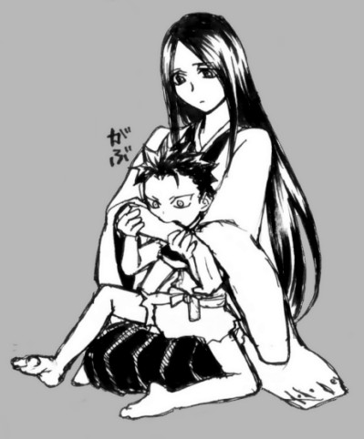 1014 1boy 1girl bleach child greyscale japanese_clothes long_hair lowres monochrome sitting spoilers unohana_retsu younger zaraki_kenpachi