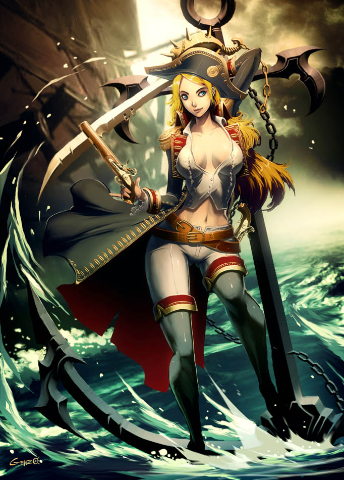 anchor boots breasts chains cleavage epaulettes genzoman gun hat legs lips long_coat midriff ocean original pantyhose pirate pirate_hat sword thigh_boots thighhighs weapon